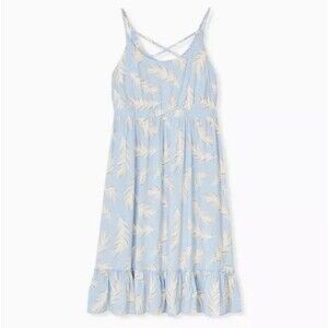 Torrid Blue Strappy Feather Print Challis Shirred Hem A Line Midi Dress Size 1X